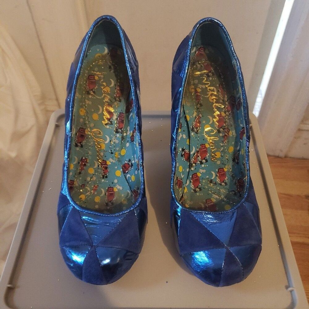 Irregular Choice Chunky Platform Heels blue suede and blue Lamé SZ 37 Preowned